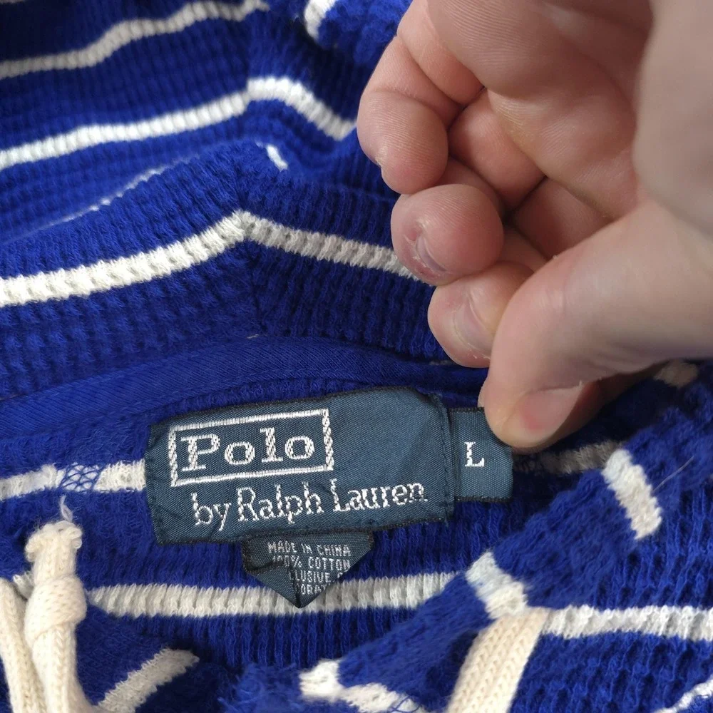Vintage Polo Ralph Lauren Hoodie Mens L Blue Striped Thermal Henley Pony Logo